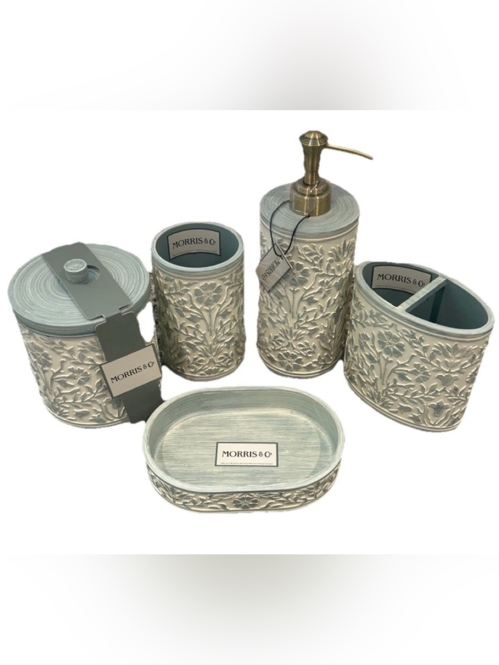 William Morris & Co Bathroom 5 Pc Textured Resin Vanity Set Seafoam Floral